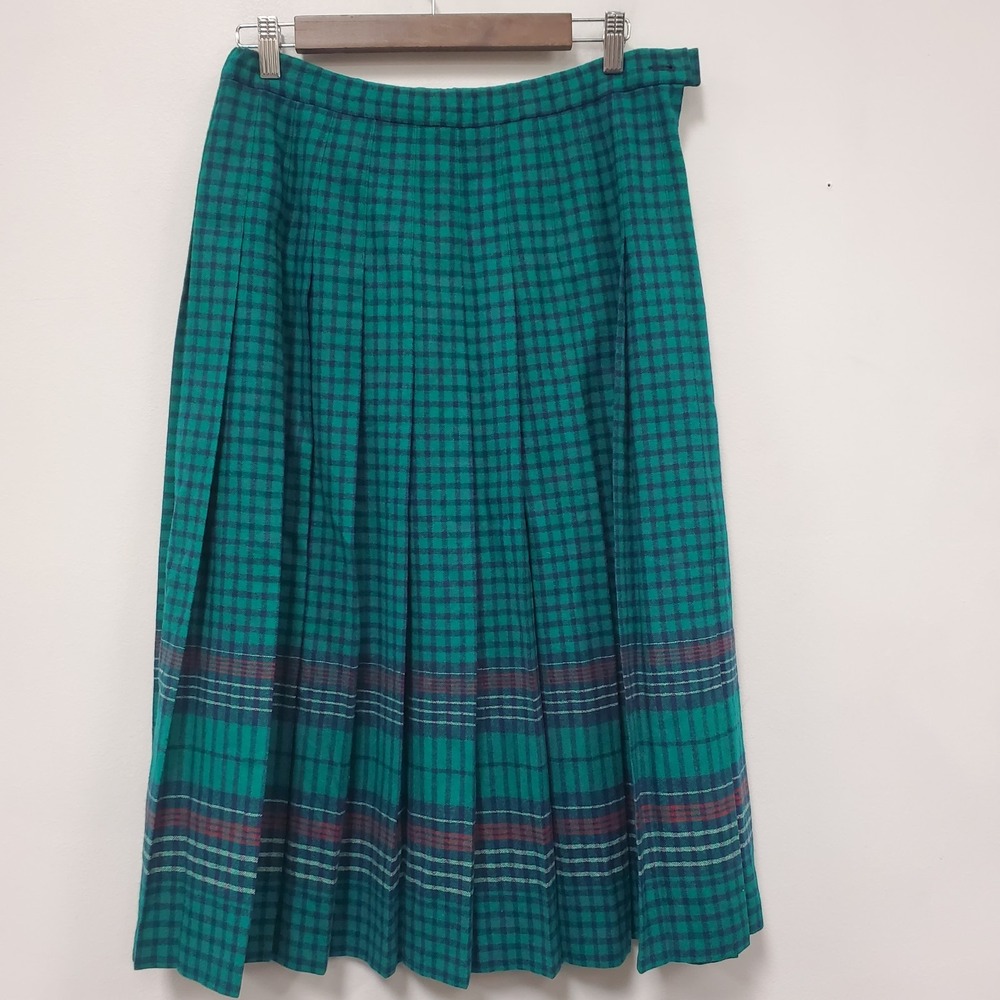 Vintage Pendleton Womens Wool Plaid Academia Skirt Size 14 Petite Green Twee